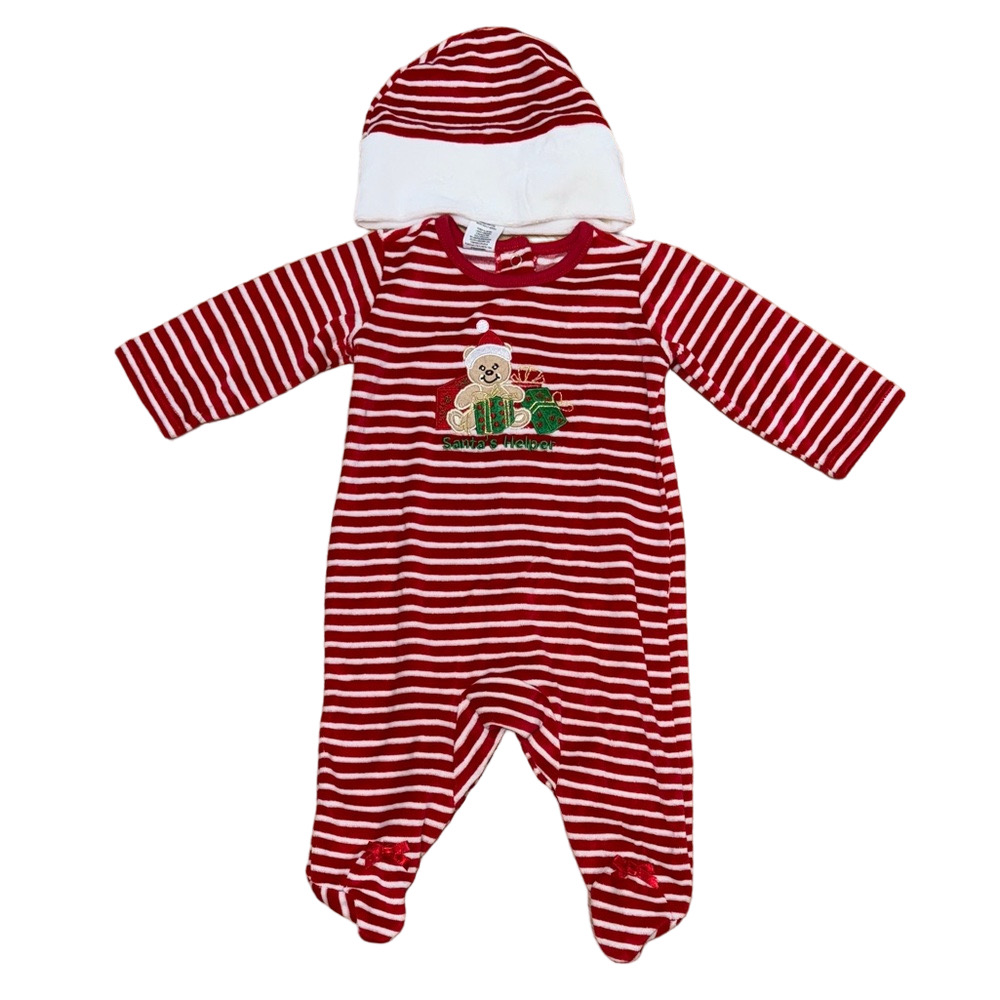 Cozy Striped Red and White Footie Set with Bear Design. Christmas Holiday